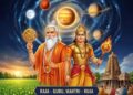 An artistic representation of Parabhava Nama Samvatsara 2026-27 featuring Hindu deities Guru and Kuja, planetary alignments, and a traditional temple background with lush green fields.