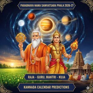 An artistic representation of Parabhava Nama Samvatsara 2026-27 featuring Hindu deities Guru and Kuja, planetary alignments, and a traditional temple background with lush green fields.