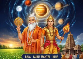 An artistic representation of Parabhava Nama Samvatsara 2026-27 featuring Hindu deities Guru and Kuja, planetary alignments, and a traditional temple background with lush green fields.