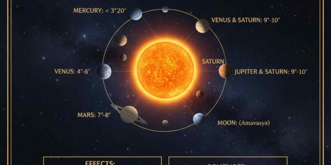 An educational infographic about Planetary Combustion (Astha) in Vedic Astrology, featuring a central glowing Sun surrounded by planets with degree limits for combustion, effects like weakened significations, and notes on Rahu/Ketu.
