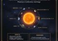 An educational infographic about Planetary Combustion (Astha) in Vedic Astrology, featuring a central glowing Sun surrounded by planets with degree limits for combustion, effects like weakened significations, and notes on Rahu/Ketu.