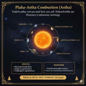 An educational infographic about Planetary Combustion (Astha) in Vedic Astrology, featuring a central glowing Sun surrounded by planets with degree limits for combustion, effects like weakened significations, and notes on Rahu/Ketu.
