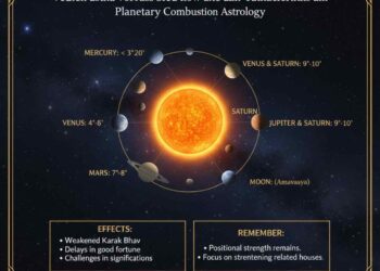 An educational infographic about Planetary Combustion (Astha) in Vedic Astrology, featuring a central glowing Sun surrounded by planets with degree limits for combustion, effects like weakened significations, and notes on Rahu/Ketu.