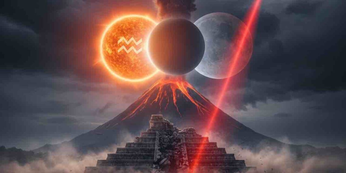 A conceptual digital art showing a dramatic volcanic eruption, an earthquake splitting the ground, and a solar/lunar eclipse in a dark sky with zodiac symbols. The map of India is highlighted in red, symbolizing the area under potential natural disaster risk as per astrological predictions.