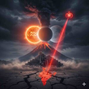 A conceptual digital art showing a dramatic volcanic eruption, an earthquake splitting the ground, and a solar/lunar eclipse in a dark sky with zodiac symbols. The map of India is highlighted in red, symbolizing the area under potential natural disaster risk as per astrological predictions.