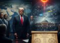 Donald Trump with military officials alongside a Vedic astrology chart and a glowing Mars symbol, representing political conflict predictions.