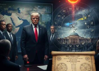 Donald Trump with military officials alongside a Vedic astrology chart and a glowing Mars symbol, representing political conflict predictions.