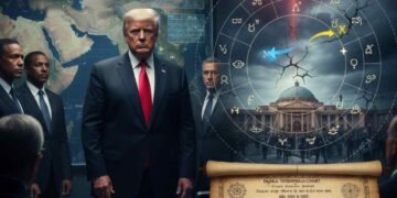 Donald Trump with military officials alongside a Vedic astrology chart and a glowing Mars symbol, representing political conflict predictions.