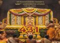 Devotional celebration of Sri Raghavendra Swamy's 431st Vardhanti with a decorated shrine, 431 written in flowers, and priests performing rituals.