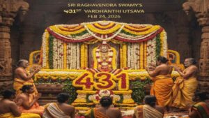 Devotional celebration of Sri Raghavendra Swamy's 431st Vardhanti with a decorated shrine, 431 written in flowers, and priests performing rituals.