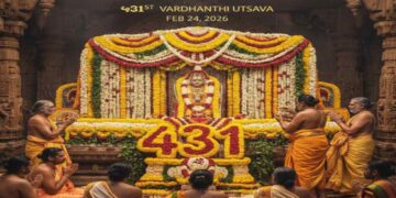 Devotional celebration of Sri Raghavendra Swamy's 431st Vardhanti with a decorated shrine, 431 written in flowers, and priests performing rituals.