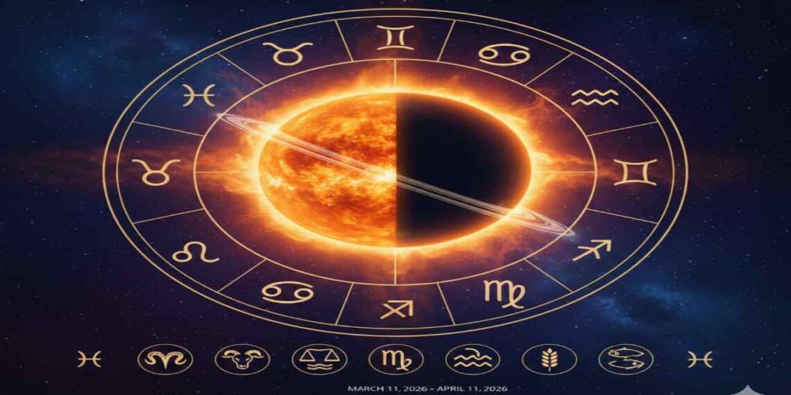 A cosmic illustration showing a burning sun partially eclipsing Saturn with its rings, surrounded by a golden zodiac wheel with astrological symbols against a starry space background, marking the period March 11 to April 11, 2026.