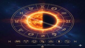 A cosmic illustration showing a burning sun partially eclipsing Saturn with its rings, surrounded by a golden zodiac wheel with astrological symbols against a starry space background, marking the period March 11 to April 11, 2026.