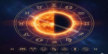 A cosmic illustration showing a burning sun partially eclipsing Saturn with its rings, surrounded by a golden zodiac wheel with astrological symbols against a starry space background, marking the period March 11 to April 11, 2026.