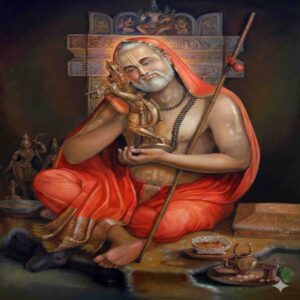High-definition artistic illustration of Guru Raghavendra Swamy holding and kissing the idol of Moola Rama, featuring a traditional saffron attire and spiritual ambiance.