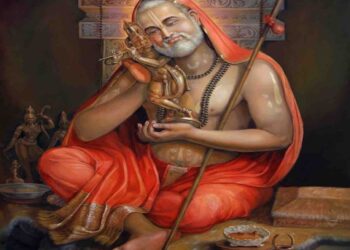 High-definition artistic illustration of Guru Raghavendra Swamy holding and kissing the idol of Moola Rama, featuring a traditional saffron attire and spiritual ambiance.