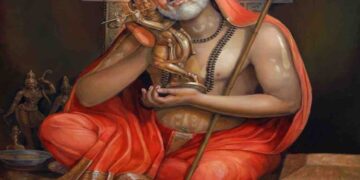 High-definition artistic illustration of Guru Raghavendra Swamy holding and kissing the idol of Moola Rama, featuring a traditional saffron attire and spiritual ambiance.