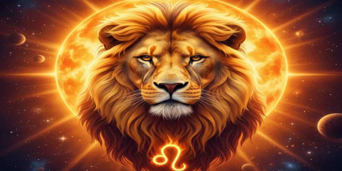ಸೂರ್ಯನ ತೇಜಸ್ಸಿನ ಹಿನ್ನೆಲೆಯಲ್ಲಿ ಸಿಂಹ ರಾಶಿಯ ಲಾಂಛನವನ್ನು ಬಿಂಬಿಸುವ ಗಾಂಭೀರ್ಯಭರಿತ ಕಲಾತ್ಮಕ ಚಿತ್ರ.