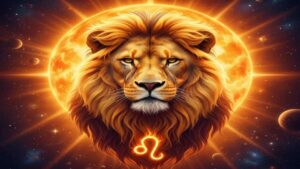 ಸೂರ್ಯನ ತೇಜಸ್ಸಿನ ಹಿನ್ನೆಲೆಯಲ್ಲಿ ಸಿಂಹ ರಾಶಿಯ ಲಾಂಛನವನ್ನು ಬಿಂಬಿಸುವ ಗಾಂಭೀರ್ಯಭರಿತ ಕಲಾತ್ಮಕ ಚಿತ್ರ.