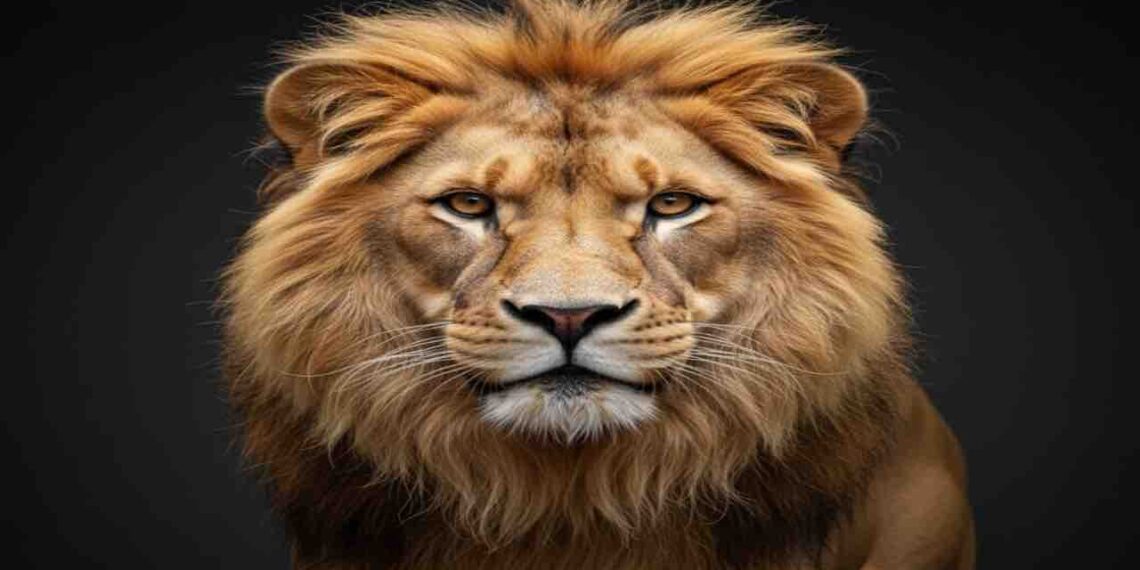 A majestic close-up portrait of a lion with a thick mane, looking directly into the camera with a calm and powerful expression against a dark background.