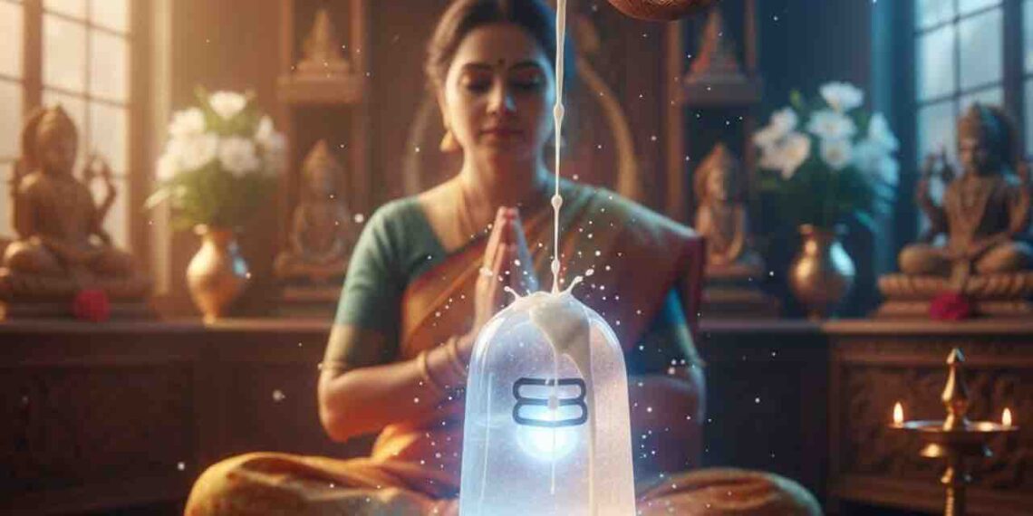 A woman performing holy milk abhisheka to a glowing crystal Shivalinga in a traditional Indian prayer room setting.