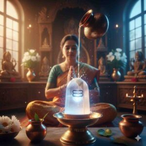 A woman performing holy milk abhisheka to a glowing crystal Shivalinga in a traditional Indian prayer room setting.