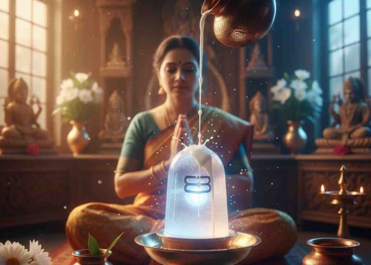 A woman performing holy milk abhisheka to a glowing crystal Shivalinga in a traditional Indian prayer room setting.
