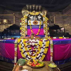 Close-up of the massive Shiva Lingam at Thanjavur Brihadeeswara Temple, decorated with colorful flower garlands, draped in pink and blue silk cloth, with a golden five-headed serpent (Naga) hood above it.