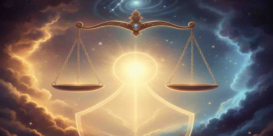 An artistic golden weighing scale (Libra symbol) floating in a cosmic sky with glowing stars and divine light, representing Indian astrology.