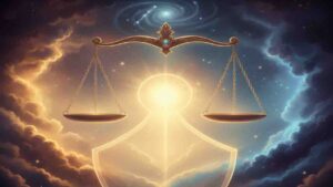 An artistic golden weighing scale (Libra symbol) floating in a cosmic sky with glowing stars and divine light, representing Indian astrology.