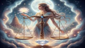 A divine illustration of the Libra zodiac sign featuring a balanced golden scale, a radiant goddess figure holding a lotus, and a sparkling diamond at the center against a celestial moonlit background.