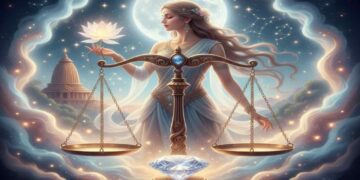 A divine illustration of the Libra zodiac sign featuring a balanced golden scale, a radiant goddess figure holding a lotus, and a sparkling diamond at the center against a celestial moonlit background.