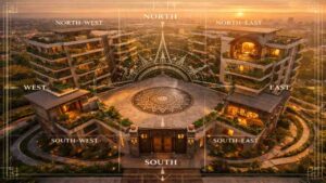 A high-angle architectural photograph of a modern multi-story apartment complex designed according to Vastu Shastra principles, featuring a central open Brahmasthana courtyard with a mandala pattern, lush green balconies facing north and east, a pooja room in the northeast corner, a kitchen in the southeast, and a taller master bedroom structure in the southwest, all illuminated by golden dawn light with a compass grid overlay labeling cardinal directions.