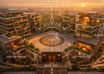 A high-angle architectural photograph of a modern multi-story apartment complex designed according to Vastu Shastra principles, featuring a central open Brahmasthana courtyard with a mandala pattern, lush green balconies facing north and east, a pooja room in the northeast corner, a kitchen in the southeast, and a taller master bedroom structure in the southwest, all illuminated by golden dawn light with a compass grid overlay labeling cardinal directions.