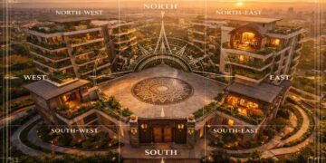 A high-angle architectural photograph of a modern multi-story apartment complex designed according to Vastu Shastra principles, featuring a central open Brahmasthana courtyard with a mandala pattern, lush green balconies facing north and east, a pooja room in the northeast corner, a kitchen in the southeast, and a taller master bedroom structure in the southwest, all illuminated by golden dawn light with a compass grid overlay labeling cardinal directions.