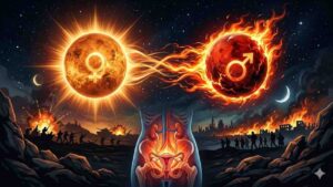 A surreal illustration showing Venus and Mars colliding in space, with glowing energies impacting a human torso (urinary and reproductive organs) and scenes of worldly war and conflict below.