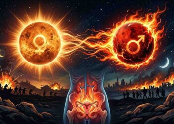 A surreal illustration showing Venus and Mars colliding in space, with glowing energies impacting a human torso (urinary and reproductive organs) and scenes of worldly war and conflict below.