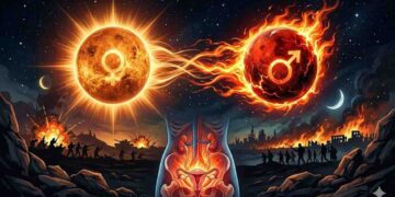 A surreal illustration showing Venus and Mars colliding in space, with glowing energies impacting a human torso (urinary and reproductive organs) and scenes of worldly war and conflict below.