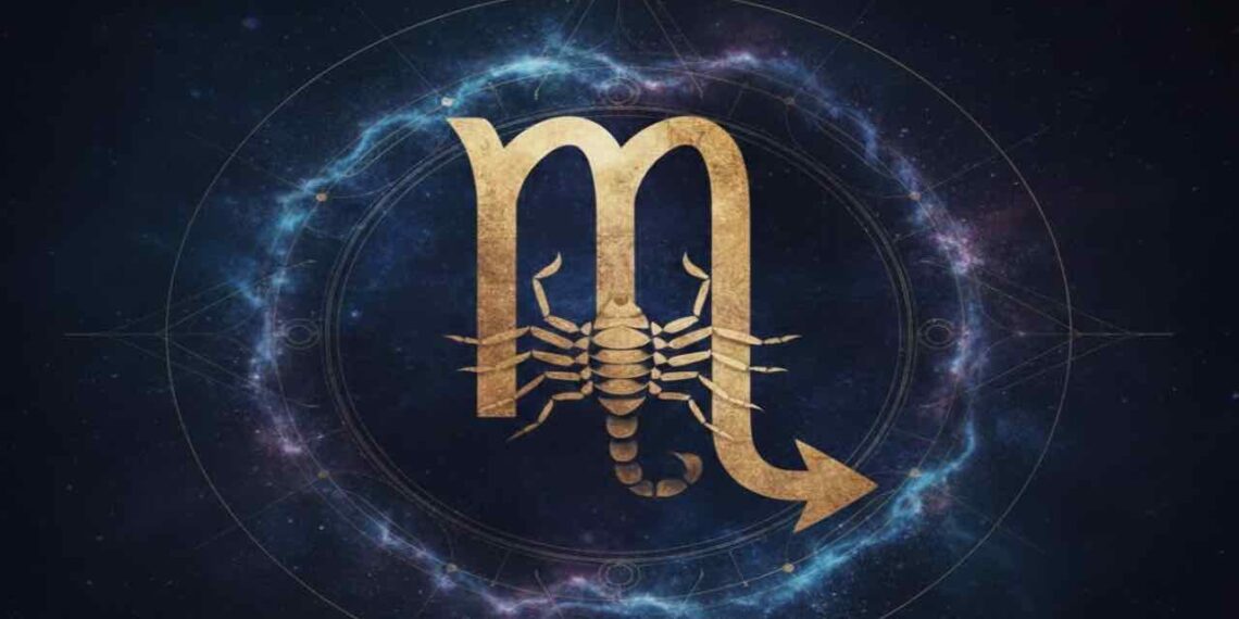 ಬ್ರಹ್ಮಾಂಡದ ಹಿನ್ನೆಲೆಯಲ್ಲಿ ವೃಶ್ಚಿಕ ರಾಶಿಯ ಚಿಹ್ನೆಯನ್ನು ಬಿಂಬಿಸುವ ಶಕ್ತಿಶಾಲಿ ಮತ್ತು ಆಧ್ಯಾತ್ಮಿಕ ಕಲಾತ್ಮಕ ಚಿತ್ರ.