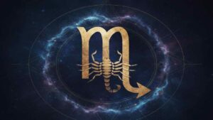 ಬ್ರಹ್ಮಾಂಡದ ಹಿನ್ನೆಲೆಯಲ್ಲಿ ವೃಶ್ಚಿಕ ರಾಶಿಯ ಚಿಹ್ನೆಯನ್ನು ಬಿಂಬಿಸುವ ಶಕ್ತಿಶಾಲಿ ಮತ್ತು ಆಧ್ಯಾತ್ಮಿಕ ಕಲಾತ್ಮಕ ಚಿತ್ರ.