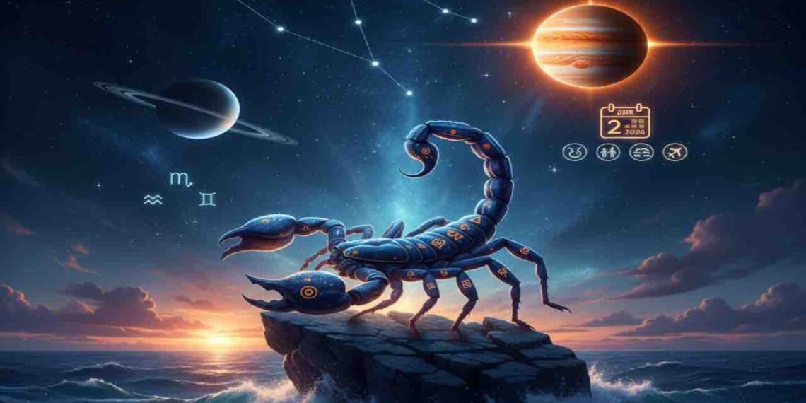 A majestic cosmic scorpion standing on a rock amidst ocean waves under a night sky with Jupiter, Saturn, and the Scorpio constellation.