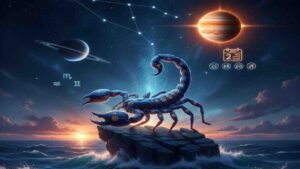 A majestic cosmic scorpion standing on a rock amidst ocean waves under a night sky with Jupiter, Saturn, and the Scorpio constellation.