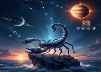 A majestic cosmic scorpion standing on a rock amidst ocean waves under a night sky with Jupiter, Saturn, and the Scorpio constellation.