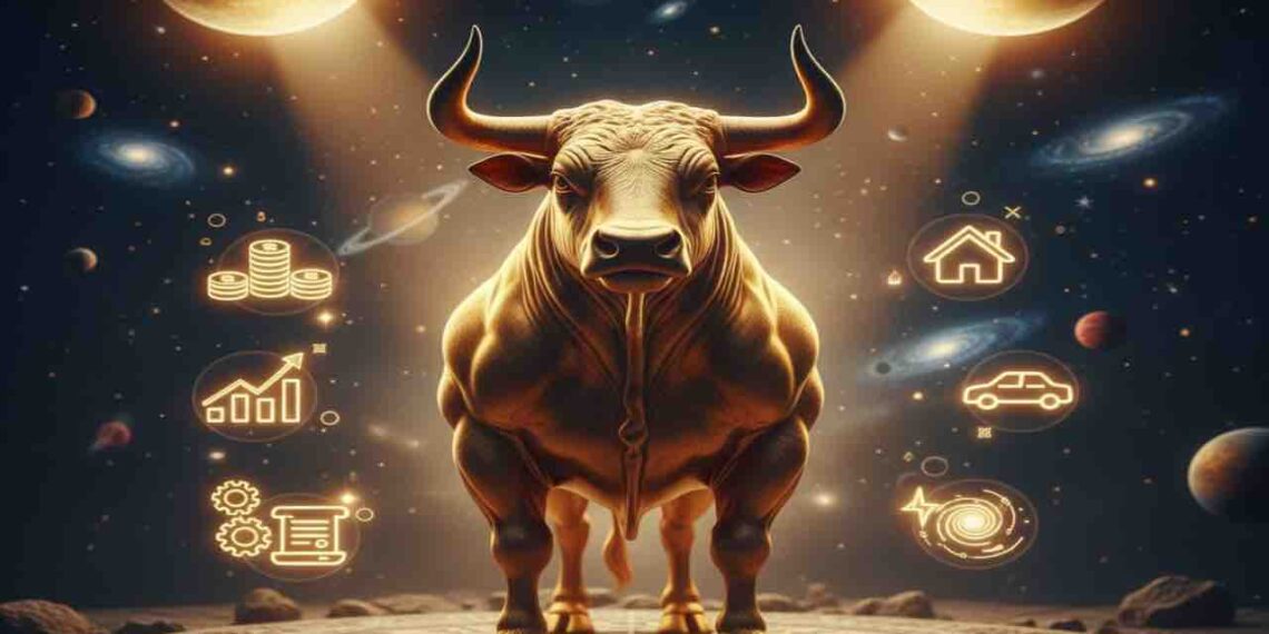 A powerful golden bull standing on a zodiac wheel in space, surrounded by glowing icons of wealth, house, and car, representing Taurus 2026 astrology.