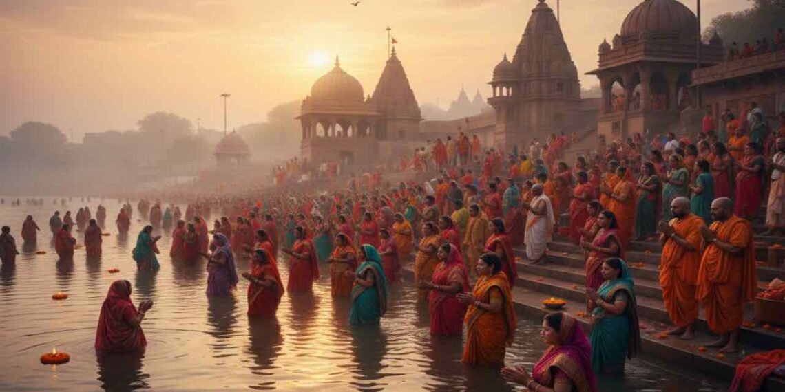 A serene AI-generated depiction of Yamuna Pushkaram festival with pilgrims offering prayers and bathing at a holy river ghat during sunrise.