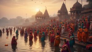 A serene AI-generated depiction of Yamuna Pushkaram festival with pilgrims offering prayers and bathing at a holy river ghat during sunrise.