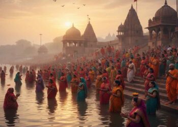 A serene AI-generated depiction of Yamuna Pushkaram festival with pilgrims offering prayers and bathing at a holy river ghat during sunrise.