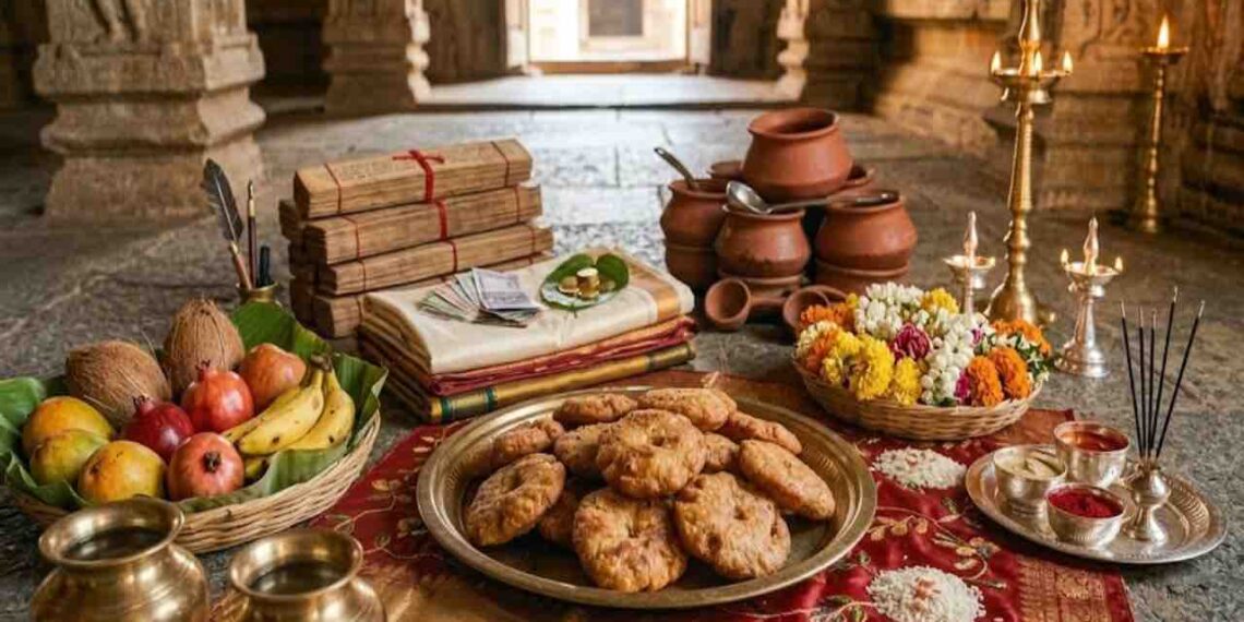Traditional arrangement of 33 Apoopa (sweet fritters) on a bronze plate with coconut, fruits, clothes, and coins for Adhika Masa charity