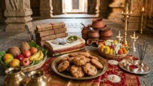 Traditional arrangement of 33 Apoopa (sweet fritters) on a bronze plate with coconut, fruits, clothes, and coins for Adhika Masa charity