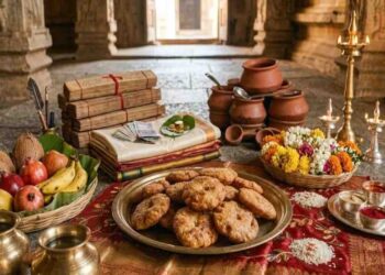Traditional arrangement of 33 Apoopa (sweet fritters) on a bronze plate with coconut, fruits, clothes, and coins for Adhika Masa charity